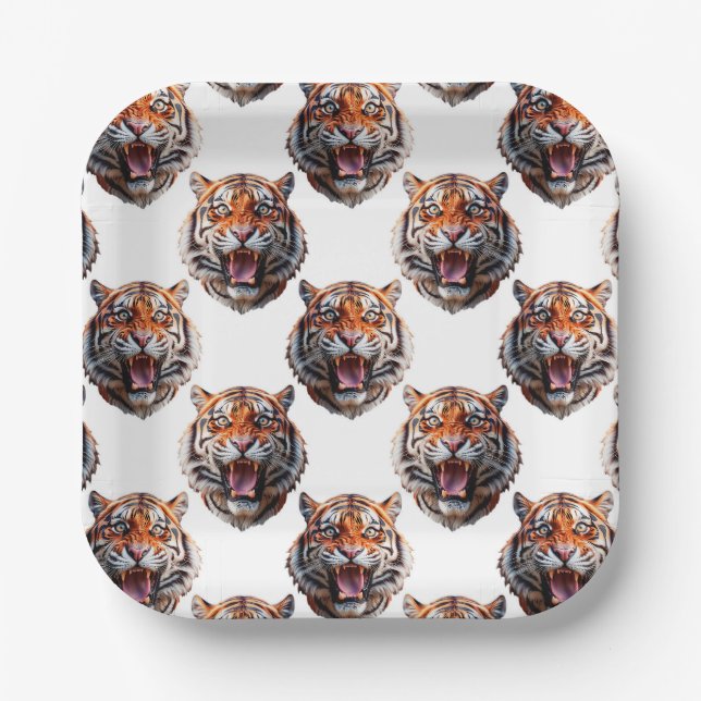 Tiger Head Pattern Design - White   Paper Plate (Front)