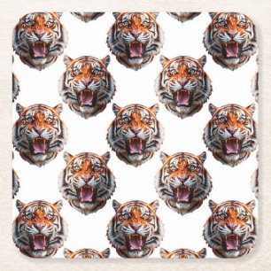 Tiger Head Pattern Design - White   Square Paper Coaster