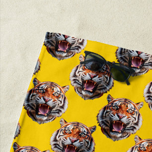 Tiger Head Pattern Design Yellow  Beach Towel