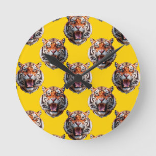 Tiger Head Pattern Design Yellow Round Clock