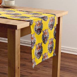 Tiger Head Pattern Design Yellow Short Table Runner