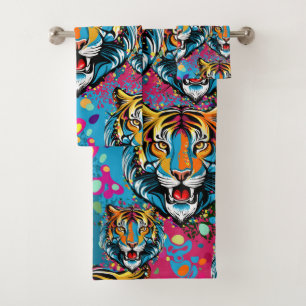 Tiger Head Rainbow colors paint stains Bath Towel Set