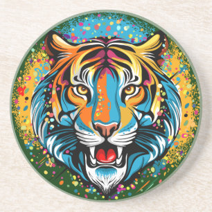 Tiger Head Rainbow colors paint stains Coaster