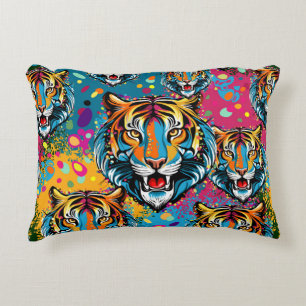 Tiger Head Rainbow colors paint stains Decorative Cushion