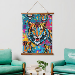 Tiger Head Rainbow colors paint stains Hanging Tapestry
