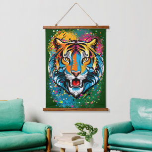 Tiger Head Rainbow colors paint stains Hanging Tapestry