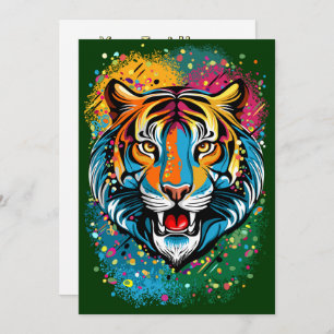 Tiger Head Rainbow colors paint stains Invitation