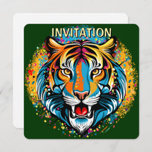 Tiger Head Rainbow colors paint stains Invitation