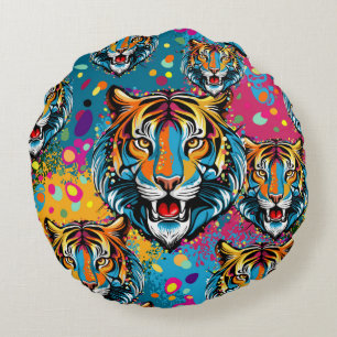 Tiger Head Rainbow colors paint stains Round Cushion