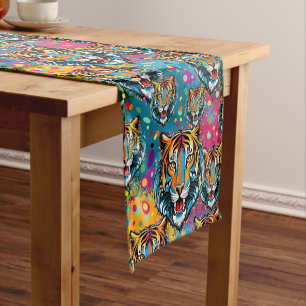 Tiger Head Rainbow colors paint stains Short Table Runner