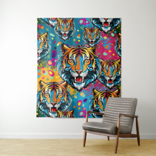 Tiger Head Rainbow colors paint stains Tapestry