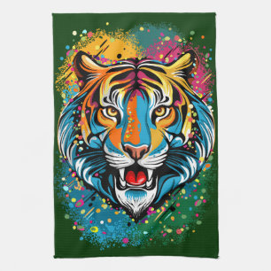 Tiger Head Rainbow colors paint stains Tea Towel