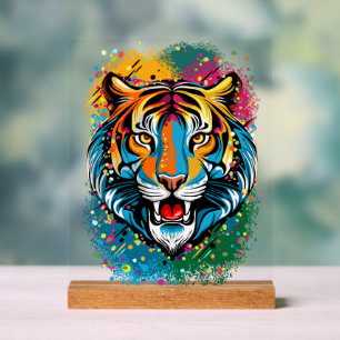 Tiger Head Rainbow colours paint stains Acrylic Sign