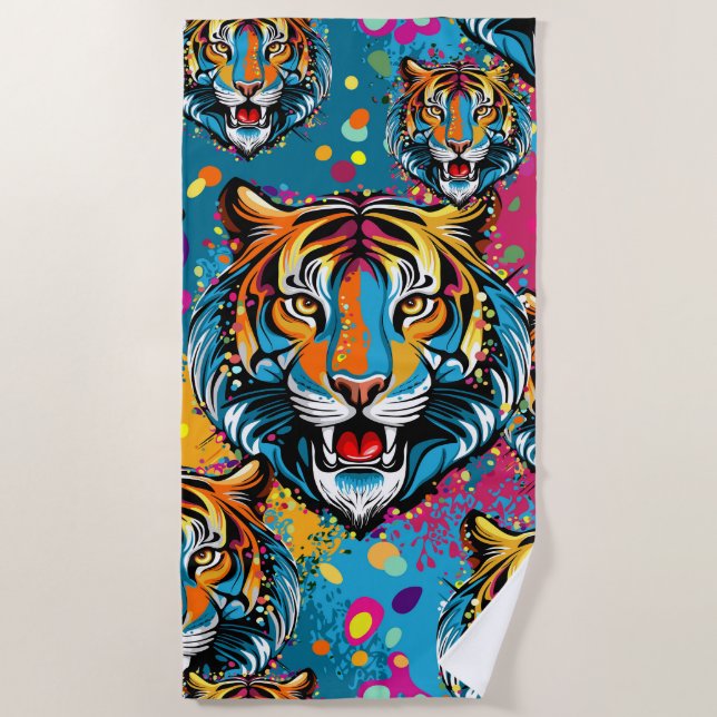 Tiger Head Rainbow colours paint stains Beach Towel (Front)