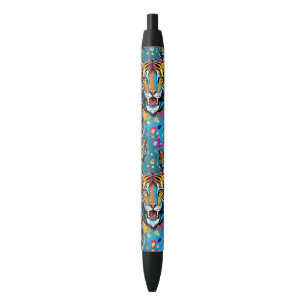 Tiger Head Rainbow colours paint stains Black Ink Pen