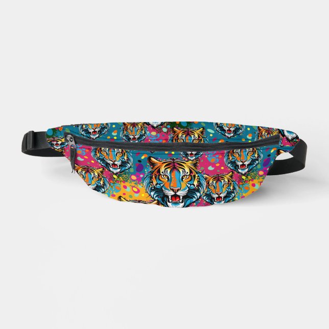 Tiger Head Rainbow colours paint stains Bum Bags (Front)