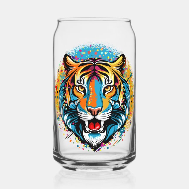 Tiger Head Rainbow colours paint stains Can Glass (Front)