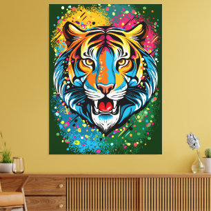 Tiger Head Rainbow colours paint stains Canvas Print