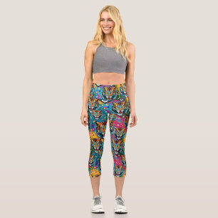 Tiger Head Rainbow colours paint stains Capri Leggings