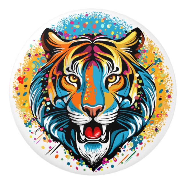 Tiger Head Rainbow colours paint stains Ceramic Knob (Front)