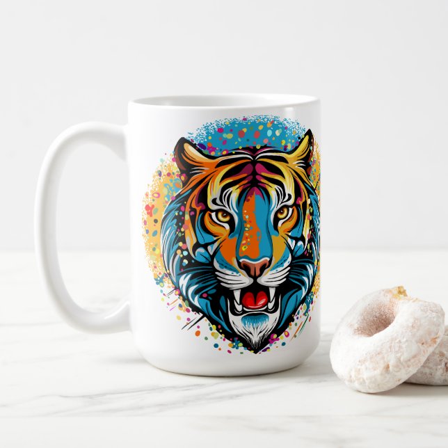 Tiger Head Rainbow colours paint stains Coffee Mug (With Donut)