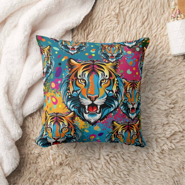 Tiger Head Rainbow colours paint stains Cushion (Blanket)