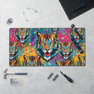Tiger Head Rainbow colours paint stains Desk Mat
