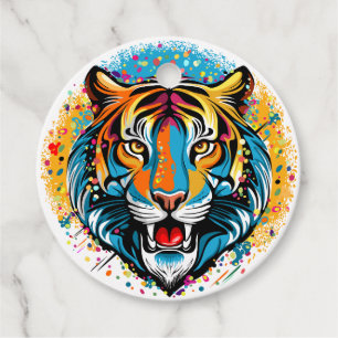 Tiger Head Rainbow colours paint stains Favour Tags