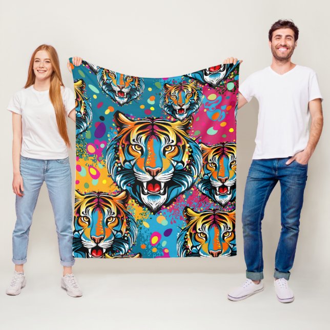 Tiger Head Rainbow colours paint stains Fleece Blanket (In Situ)