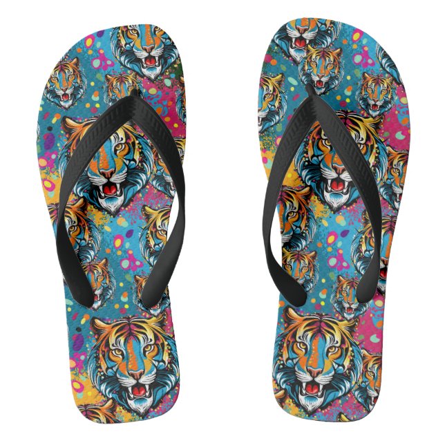 Tiger Head Rainbow colours paint stains Flip Flops (Footbed)