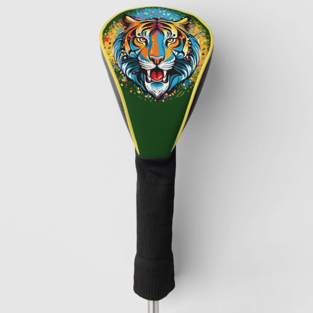 Tiger Head Rainbow colours paint stains Golf Head Cover (Front)