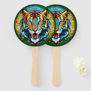 Tiger Head Rainbow colours paint stains Hand Fan