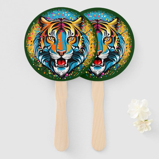 Tiger Head Rainbow colours paint stains Hand Fan (Front and Back)