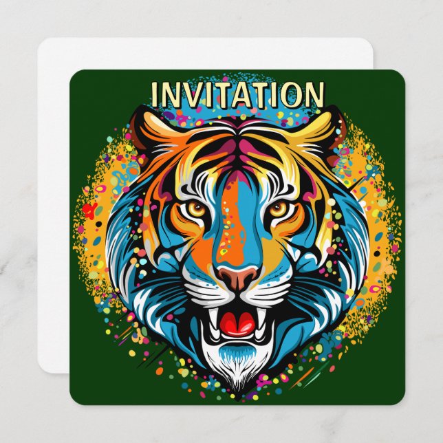 Tiger Head Rainbow colours paint stains Invitation (Front/Back)