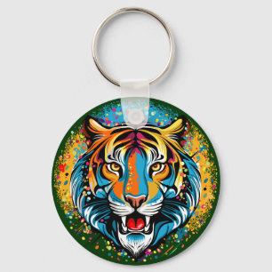 Tiger Head Rainbow colours paint stains Key Ring