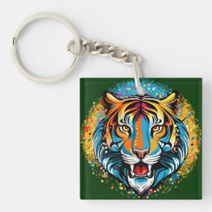 Tiger Head Rainbow colours paint stains Key Ring