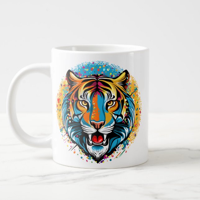 Tiger Head Rainbow colours paint stains Large Coffee Mug (Left)