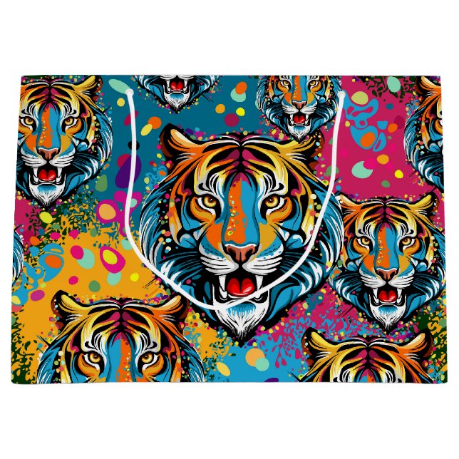 Tiger Head Rainbow colours paint stains Large Gift Bag (Front)