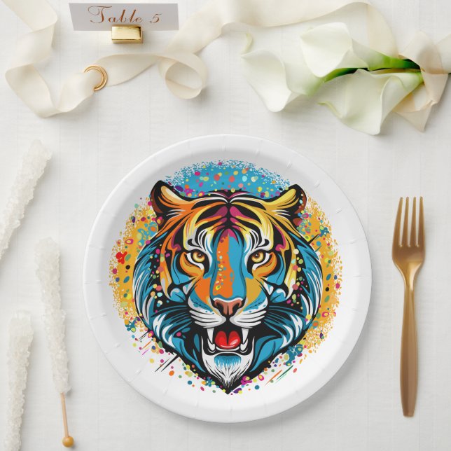 Tiger Head Rainbow colours paint stains Paper Plate (Wedding)