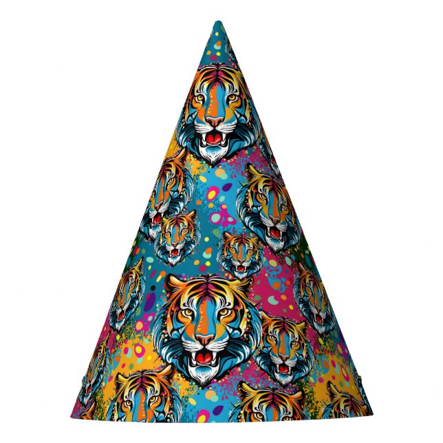Tiger Head Rainbow colours paint stains Party Hat (Front)