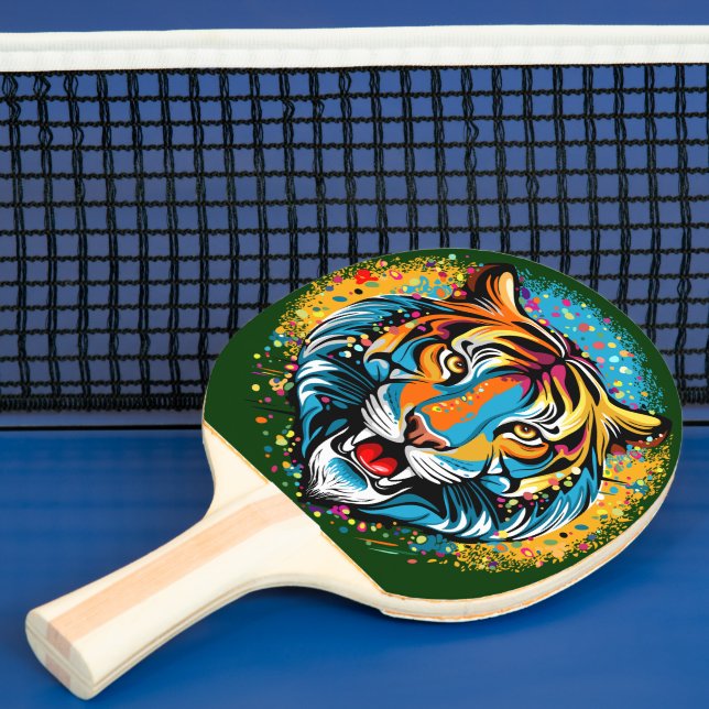 Tiger Head Rainbow colours paint stains Ping Pong Paddle (Insitu)