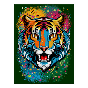 Tiger Head Rainbow colours paint stains Poster