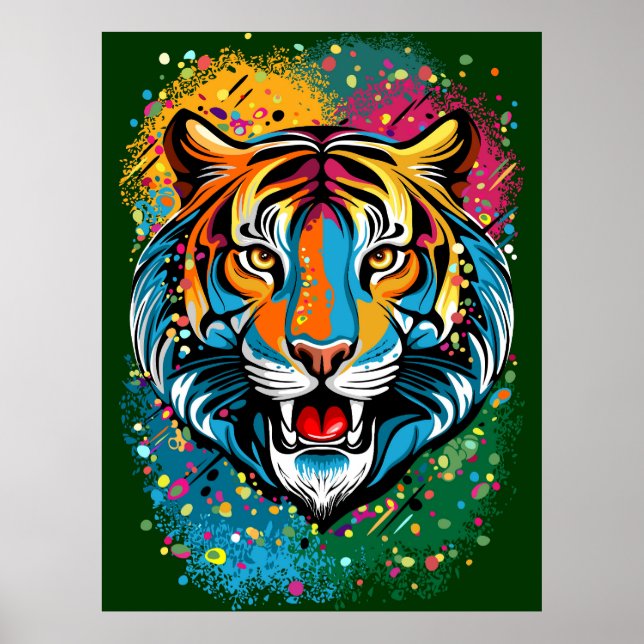 Tiger Head Rainbow colours paint stains Poster (Front)