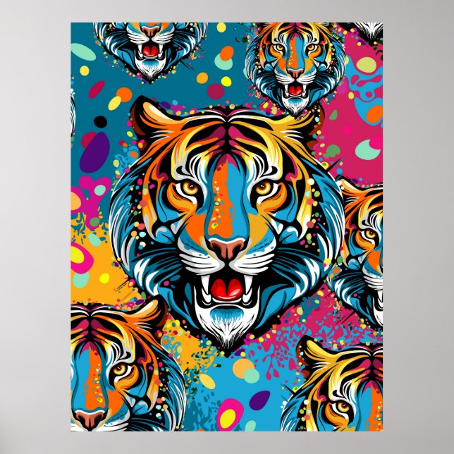 Tiger Head Rainbow colours paint stains Poster (Front)
