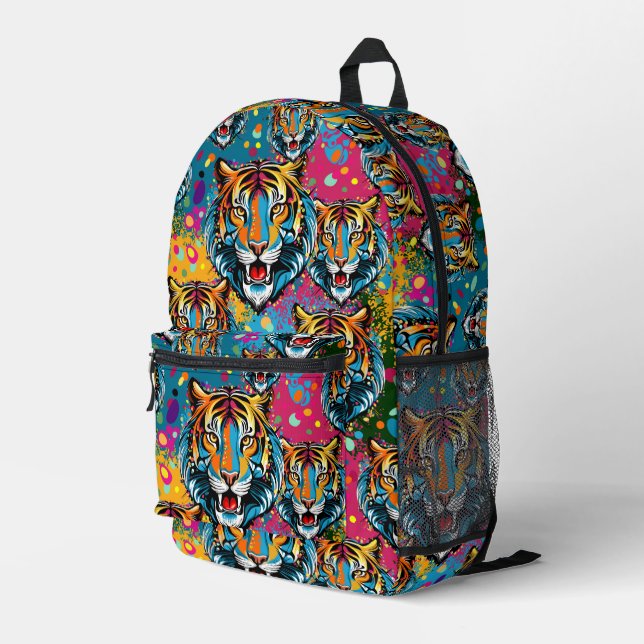 Tiger Head Rainbow colours paint stains Printed Backpack (Back Corner Right)