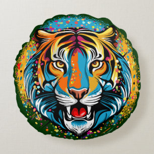 Tiger Head Rainbow colours paint stains Round Cushion
