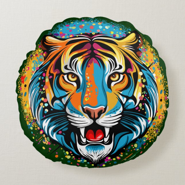 Tiger Head Rainbow colours paint stains Round Cushion (Front)