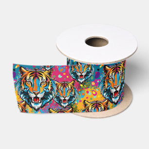 Tiger Head Rainbow colours paint stains Satin Ribbon