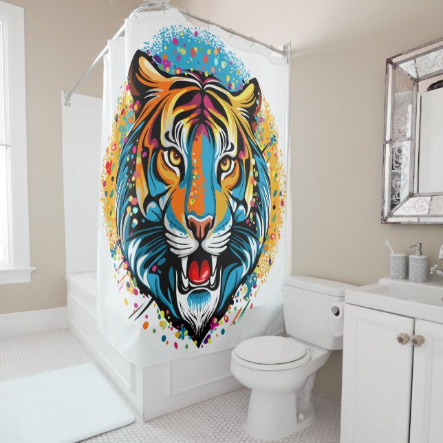 Tiger Head Rainbow colours paint stains Shower Curtain (In Situ)