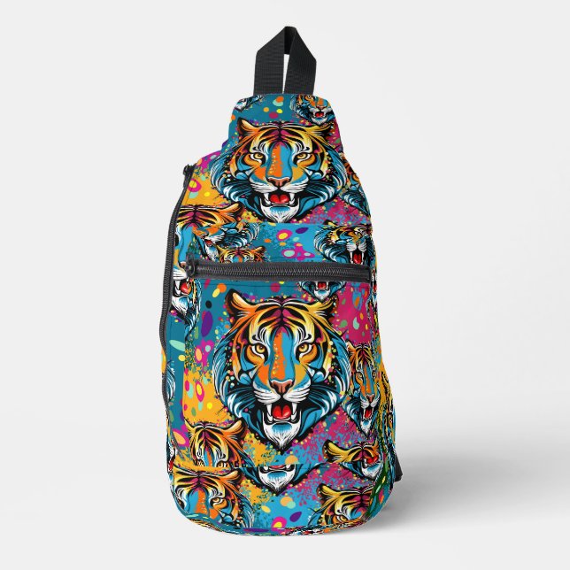 Tiger Head Rainbow colours paint stains Sling Bag (Front)